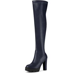 Women's Navy Blue Platform Boots Chunky Heel Over Knee High Rounded Toe Boots